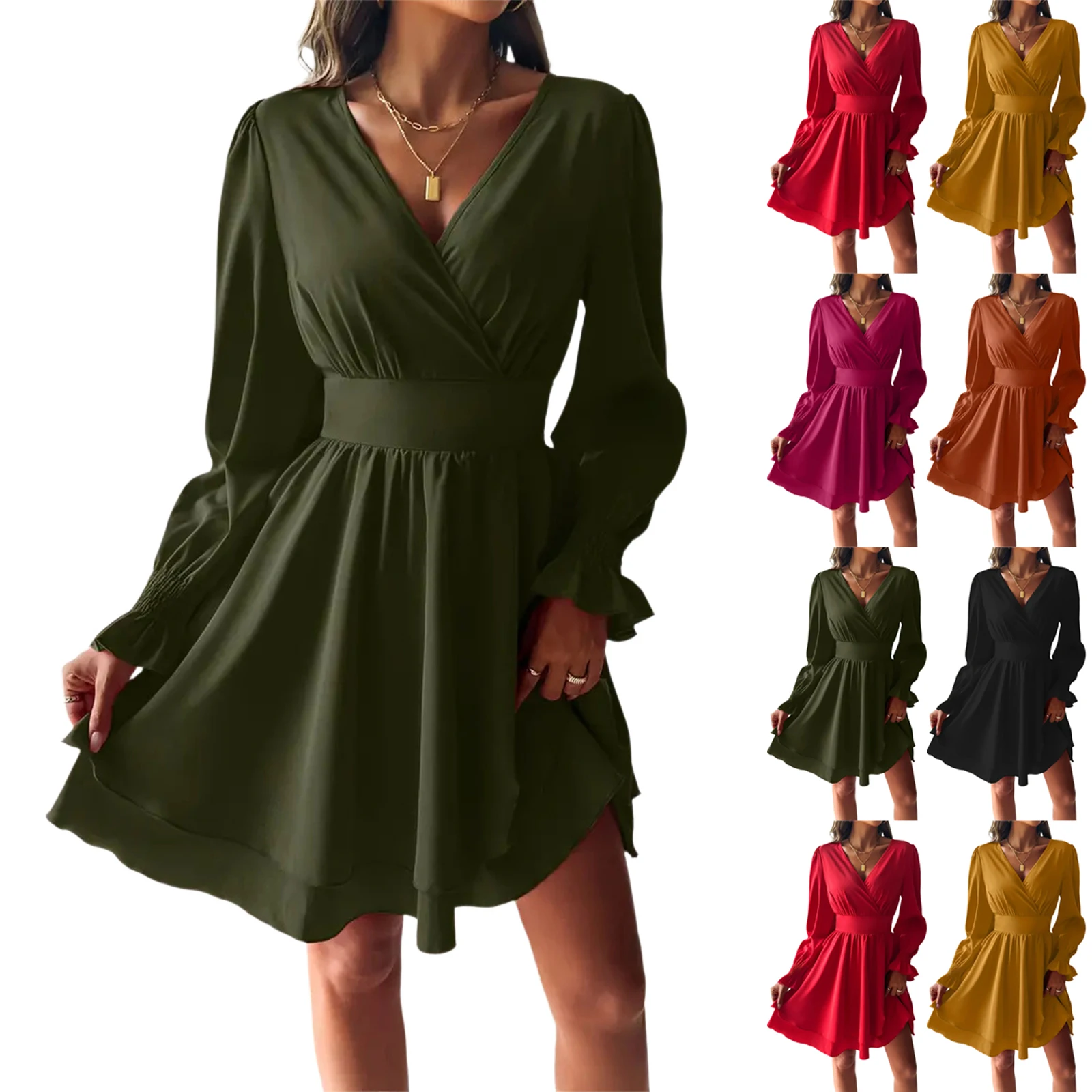 Vestido feminino com decote em v, cintura cinched, cor sólida, saia de camada dupla, primavera e outono, mini vestido retrô