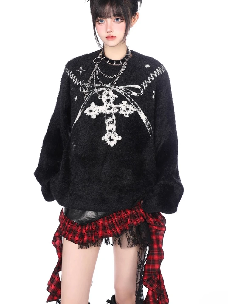New Winter Thicken Hair Knit Jumpers Dark Punk Graphic Jacquard Sweaters Oversized Full Sleeve Sweatshirts Harajuku Students Top