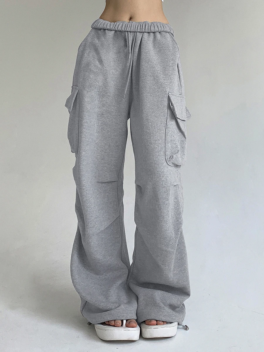 Women s Baggy Cargo Pants High Waist Solid Color Parachute Pants Ruched Sweatpants with Flap Pockets