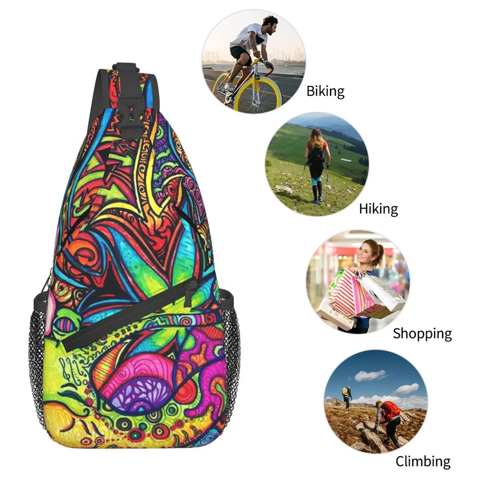 Psychedelic Trippy Rainbow Print Sling Backpack Chest Bag Waterproof Crossbody Travel Hiking Daypack for Women Men Shoulder Bag - view 6
