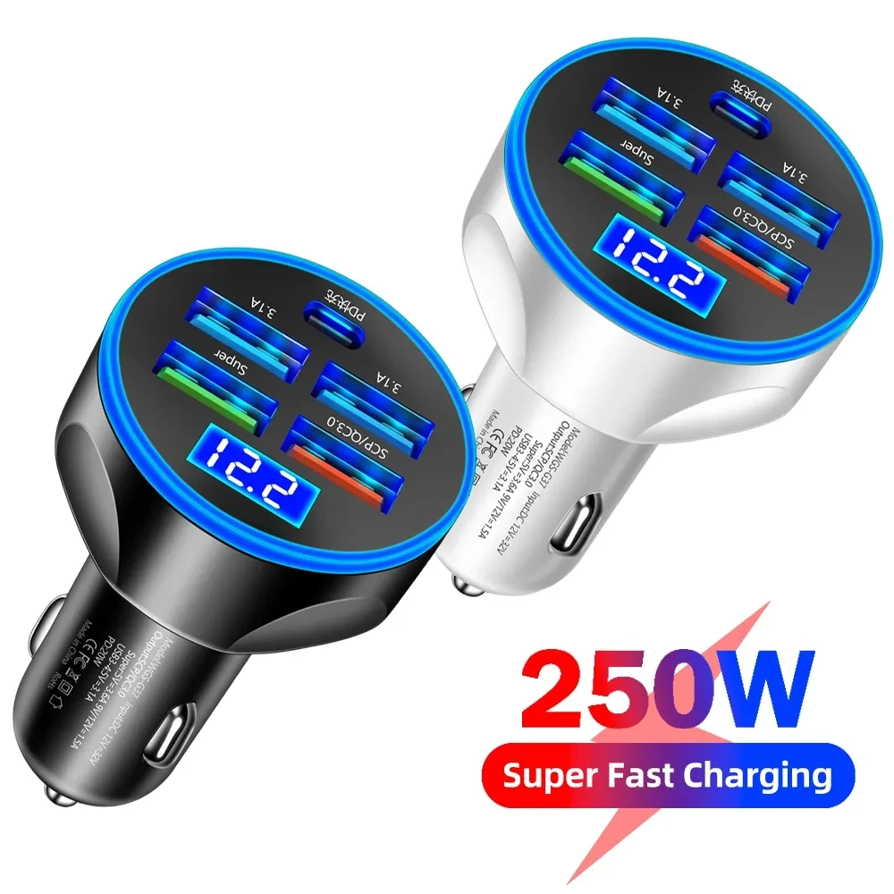 250W Car Charger Fast Charging Type C PD QC3.0 USB Phone Adapter in Car For iPhone 13 Pro Xiaomi Huawei Samsung Quick Charger