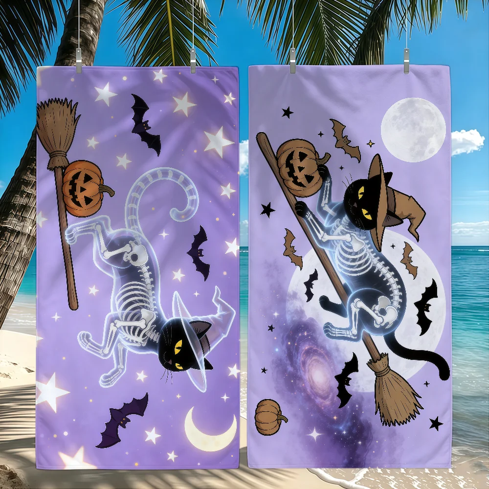 Cute Purple Halloween Black Cat Skeleton Wizard Towel Bath Towel Travel Shower Quick-Drying Soft Same Style Men Women Sports