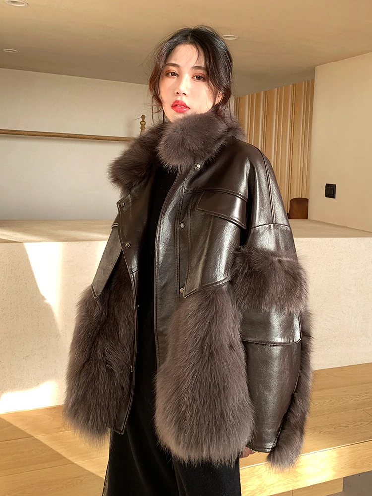 UMI MAO 2023 Winter New Fox Real Mink Fur Coat Female Stitching Sheep Leather Retro Style Young Mid-length Jacket Femme