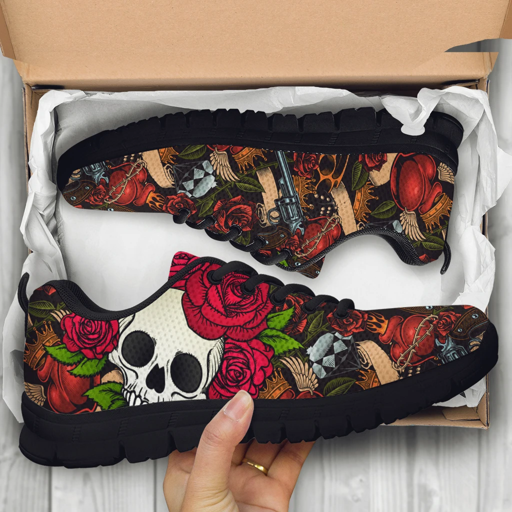 INSTANTARTS 3D Rose Skull Casual Sneakers For Women Sunflower Skull Walking Shoes Flower Print Breathable Tennis Shoes Zapatos