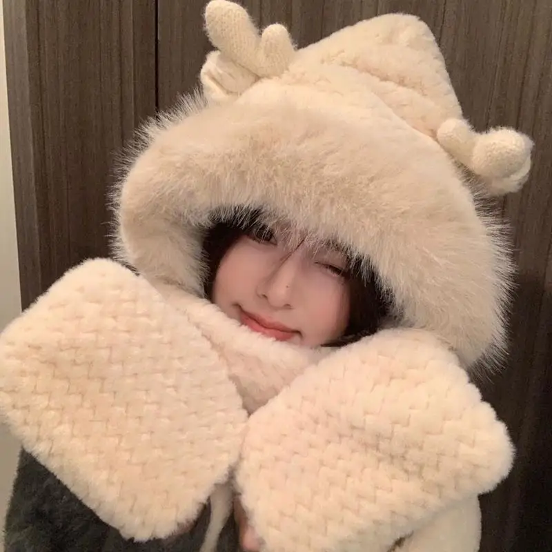 Bear Hat Autumn and Winter Women's Scarf Gloves One-piece Hooded Winter Scarf Cute Warm Plush Three-piece Set Versatile