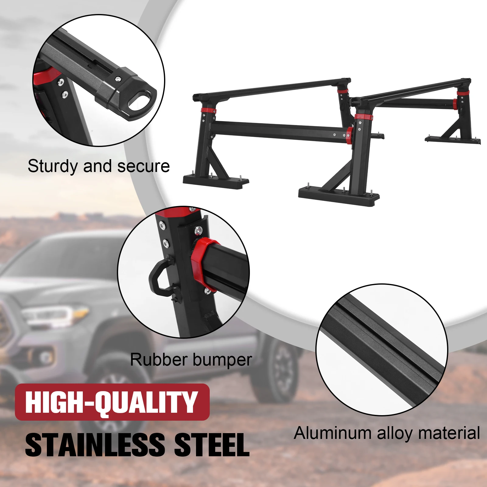 

Full-Size Pickup Truck Ladder Racks 800 LBS Capacity Aluminum 18-28in Height-Adjustable for Ford/Gladiator/Tundra/Tacoma/Nissan