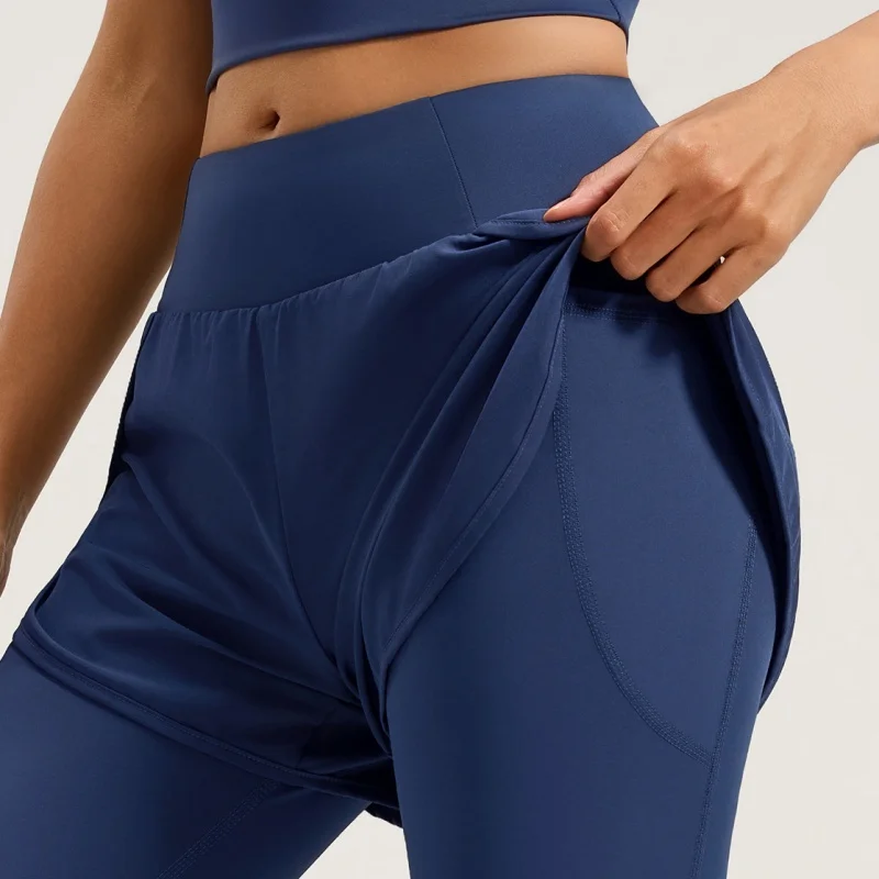 Fake Two-piece Sport Leggings for Women 2-in-1 High Waist Seamless Pocket Yoga Pants Trainning Booty Lift Workout Elastic Tights