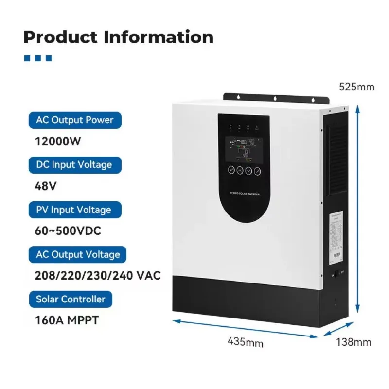 12kW single-phase hybrid LCD solar inverter 48V off-grid 240VAC high-frequency home energy storage station 98% efficiency