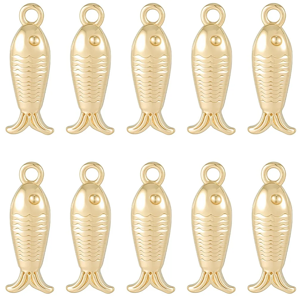 

10Pcs Brass Charms Cadmium Free Nickel Free Lead Free Fish Charms Real 18K Gold Plated 14.5x5.5x3.5mm Hole: 1.4mm