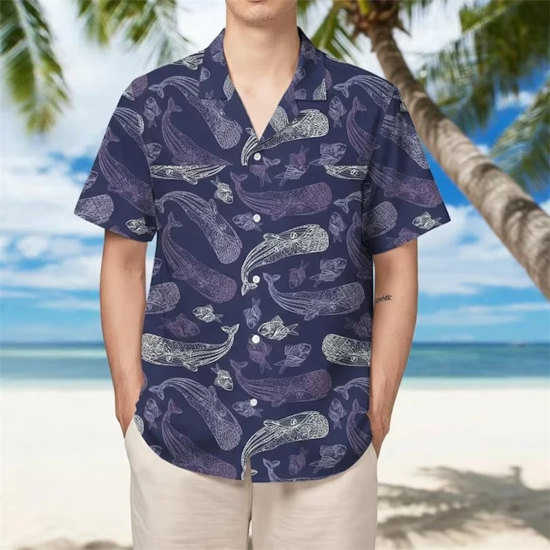 Camisa Masculina Havaiana Vintage de Manga Curta com Estampa de Baleia e Gola Lapela para Praia, Novo 2026, Tamanho Grande, Blusas Femininas Casuais