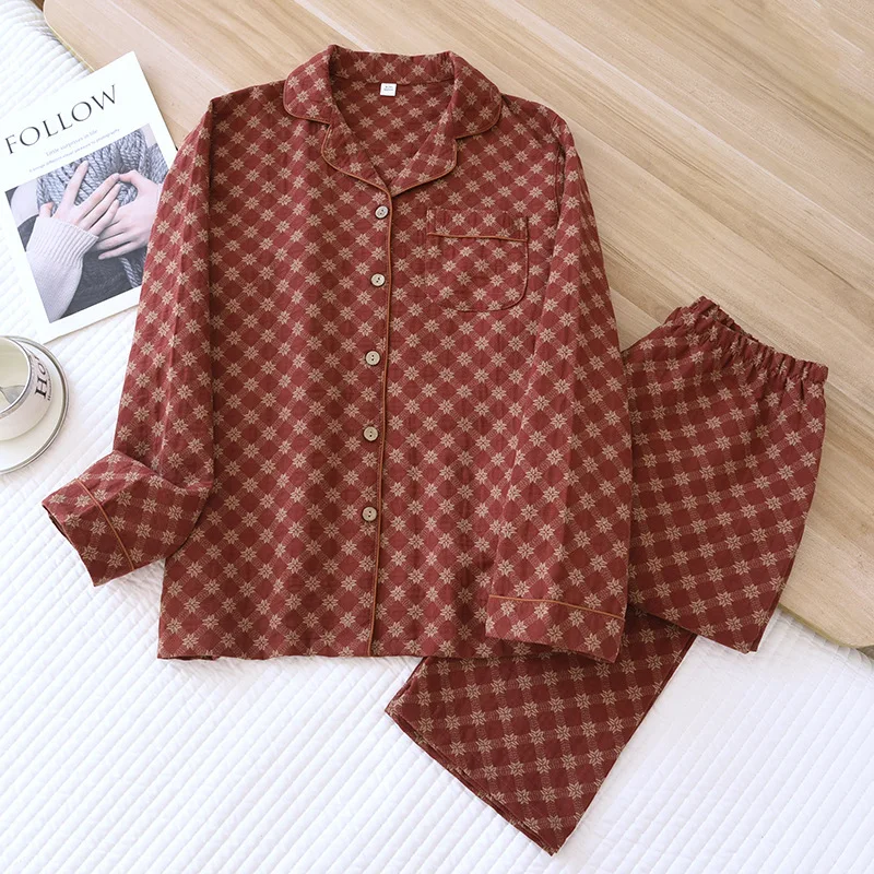 

Women's Cotton Gauze Pajamas Turn-down Collar Long-sleeved Trousers Loungewear Loose Leisure Night Wears 2 Piece Sets