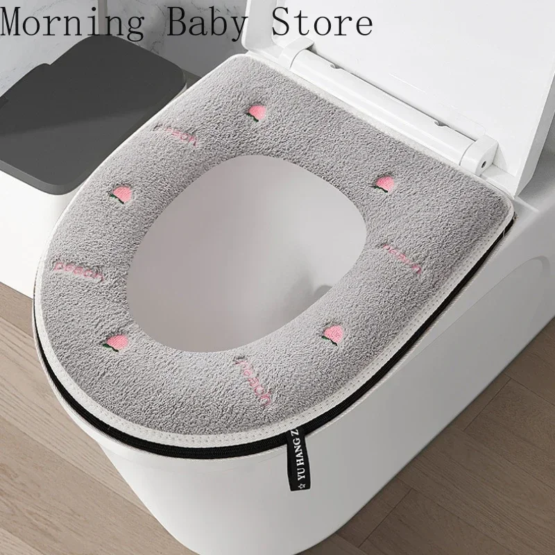 Peach Pattern Thickened Toilet Mat Universal Four Seasons Waterproof Zipper Embroidered Toilet Cover Home Toilet Seat Cushion