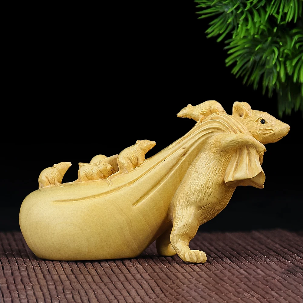 

Boxwood Carved Mouse Money Bag Ingot Centerpiece Home Fortune Paperweight Figurines Feng Shui Car Decoration Accessories Crafts