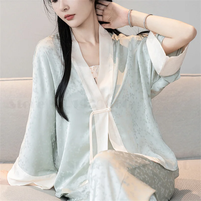 Sexy Female 3PCS Pajamas Set Loungewear New Chinese Style Sleepwear Trouser Suits Elegant Jacquard Satin Home Wear Lingerie