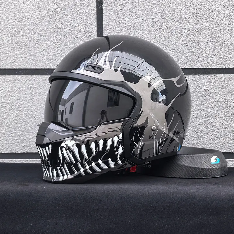 DOT Venom Teeth Modular Motorcycle Helmet Removable Jaw Mask Retro 3/4 Open Face Full Helmet Motorbike Scooter Helmet For Adult