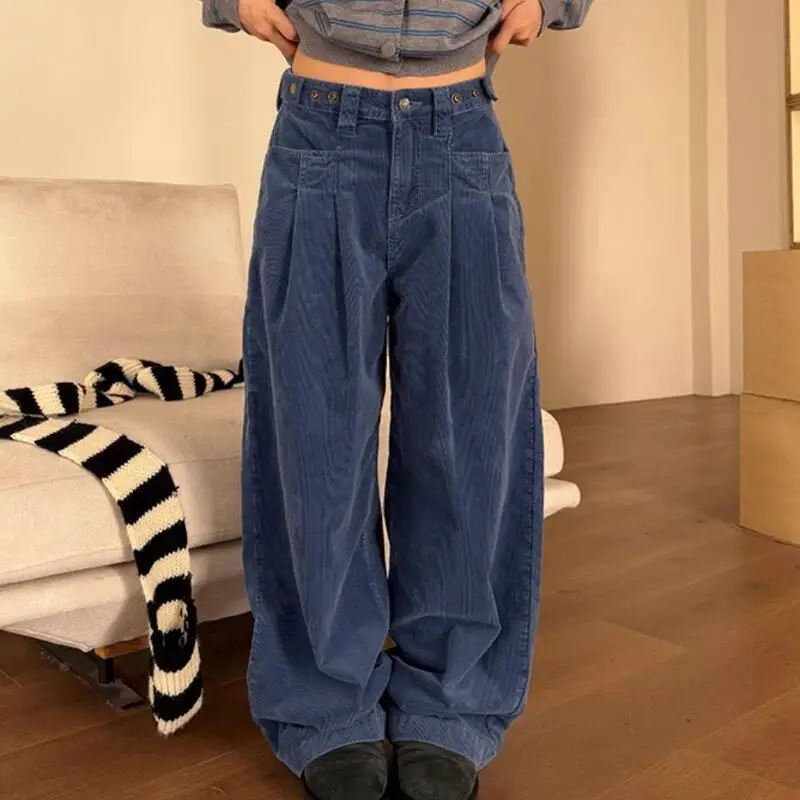 American Retro Corduroy Casual Pants for Autumn Winter Women Adjustable Waist Wide Legs Pleated Pants Girls' Work Pants Versatil