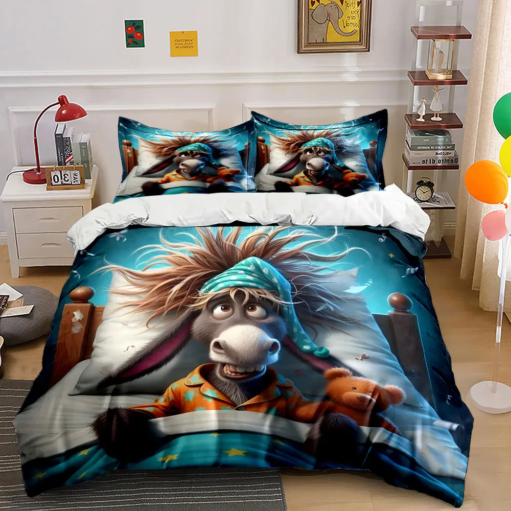 Messy-haired donkey in pajamas with teddy bear Printed Duvet Cover Set 1 Duvet Cover+2 Pillowcase Multi Size Bedroom Decor