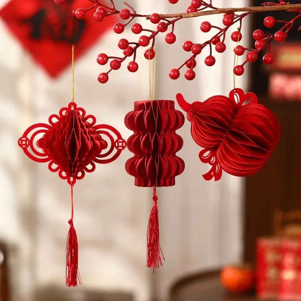 Red Chinese New Year Decoration Small Chinese Knot Honeycomb Lantern Koi Gourds Shape 3D Felt Pendant Home Decoration