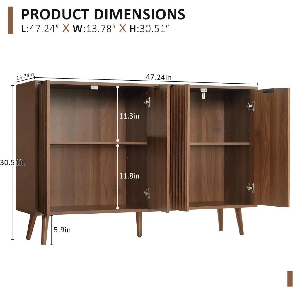 Geriffelter Sideboard-Buffetschrank mit Stauraum, Aufbewahrungsschrank mit 4 dekorierten Türen, Kaffeebarschrank aus Holz mit Massivholzfüßen