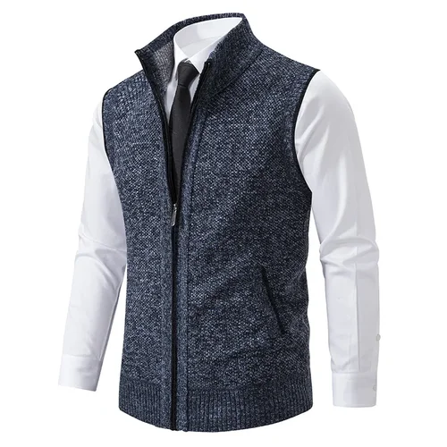 Imagen 2 del producto Suéter sin mangas de punto para hombre, cárdigan con cremallera, chaleco, chaqueta cálida informal sin mangas, abrigo ajustado con cuello levantado