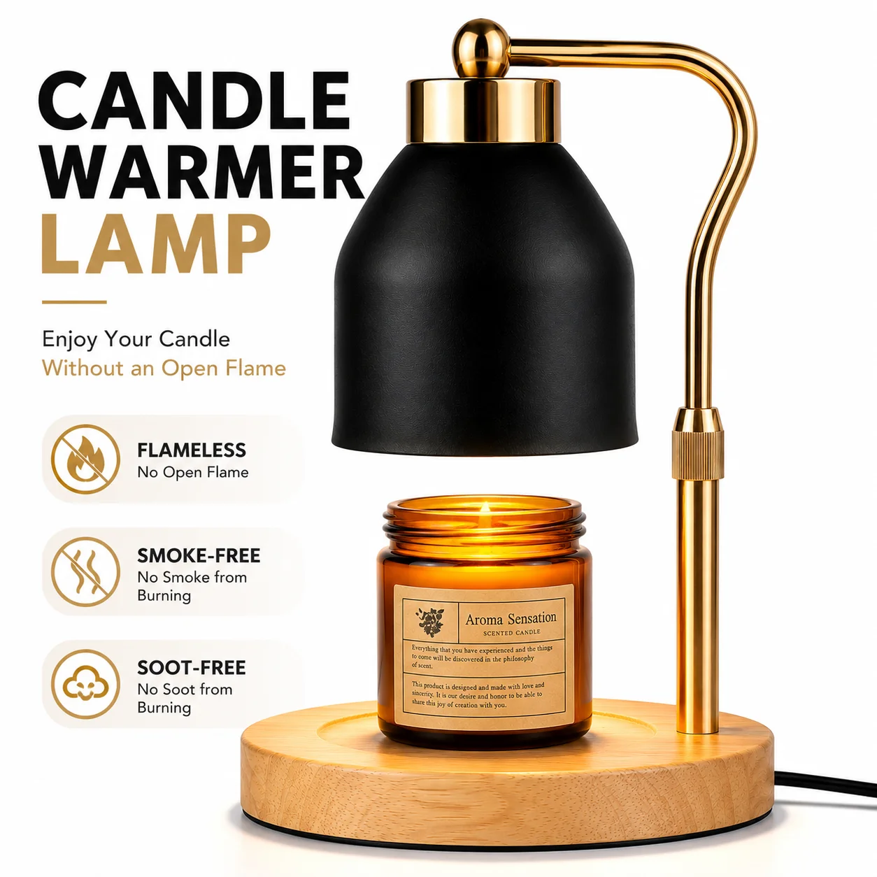 Flameless Candle Warmer Lamp Wax Melter with Adjustable Height Stepless Dimming GU10 Wooden Base Home Decorative Gift