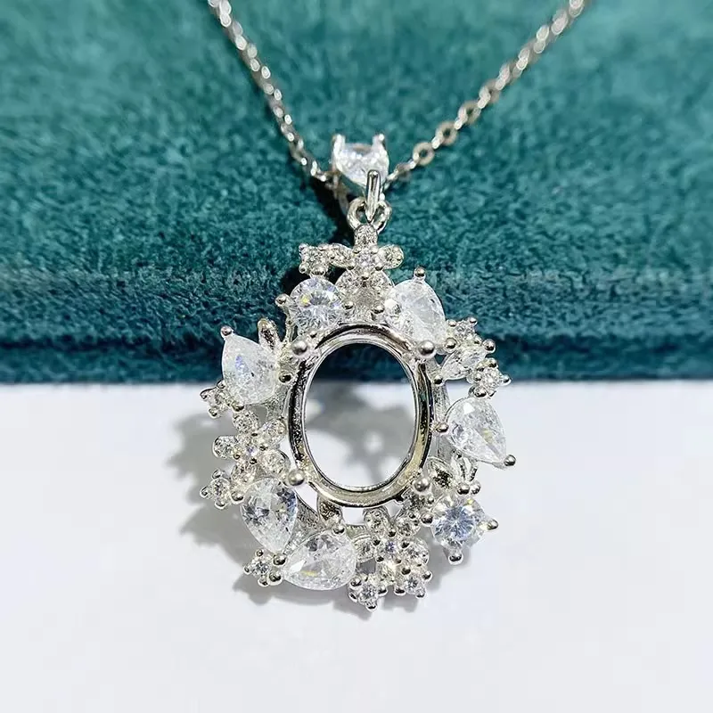 

MeiBaPJ 3 Colors 8*10 Elliptics Stone 925 Silver Holder Flower Pendant Necklace Empty Fitting Fine Wedding Jewelry for Women