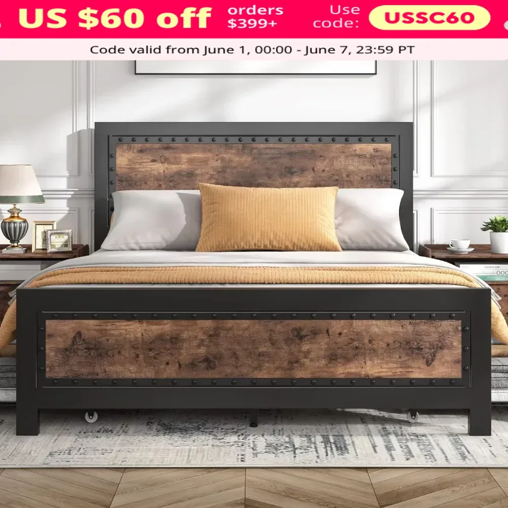 King Size  Bed Frame with 4 Storage Drawers, Rivet Modern Headboard and Footboard Platform, Metal Wood Bed Frame