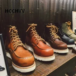 Goodyear Welt 빈티지 정품 가죽 앵클 오토바이 부츠, 스퀘어 탑, 캐주얼 원피스 작업, 빨간 부츠, 펑크