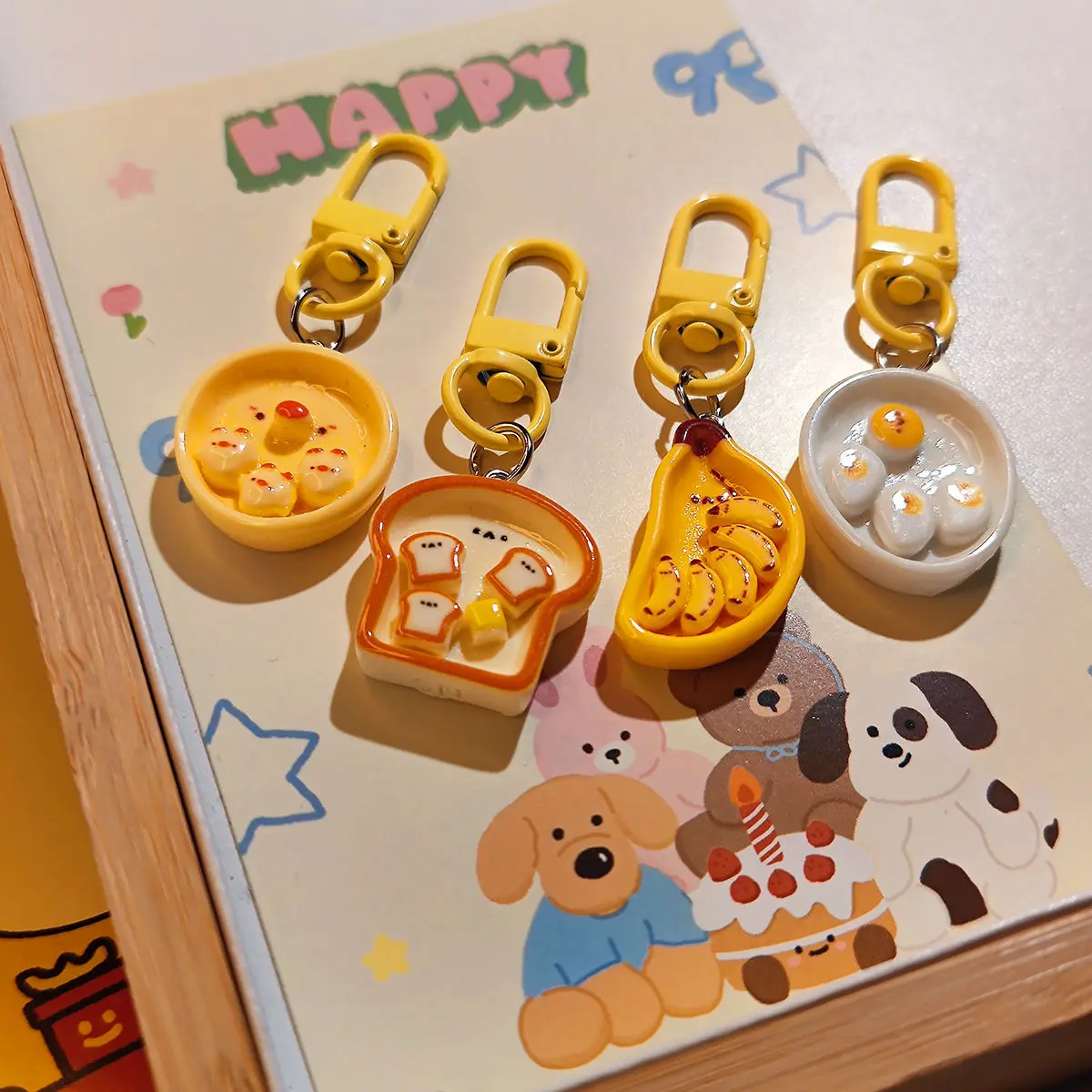 4Pcs Cute Breakfast Plate Pendant Fun Realistic Food Toy Keychain Girly Backpack Accessory Couple Best Friend Item