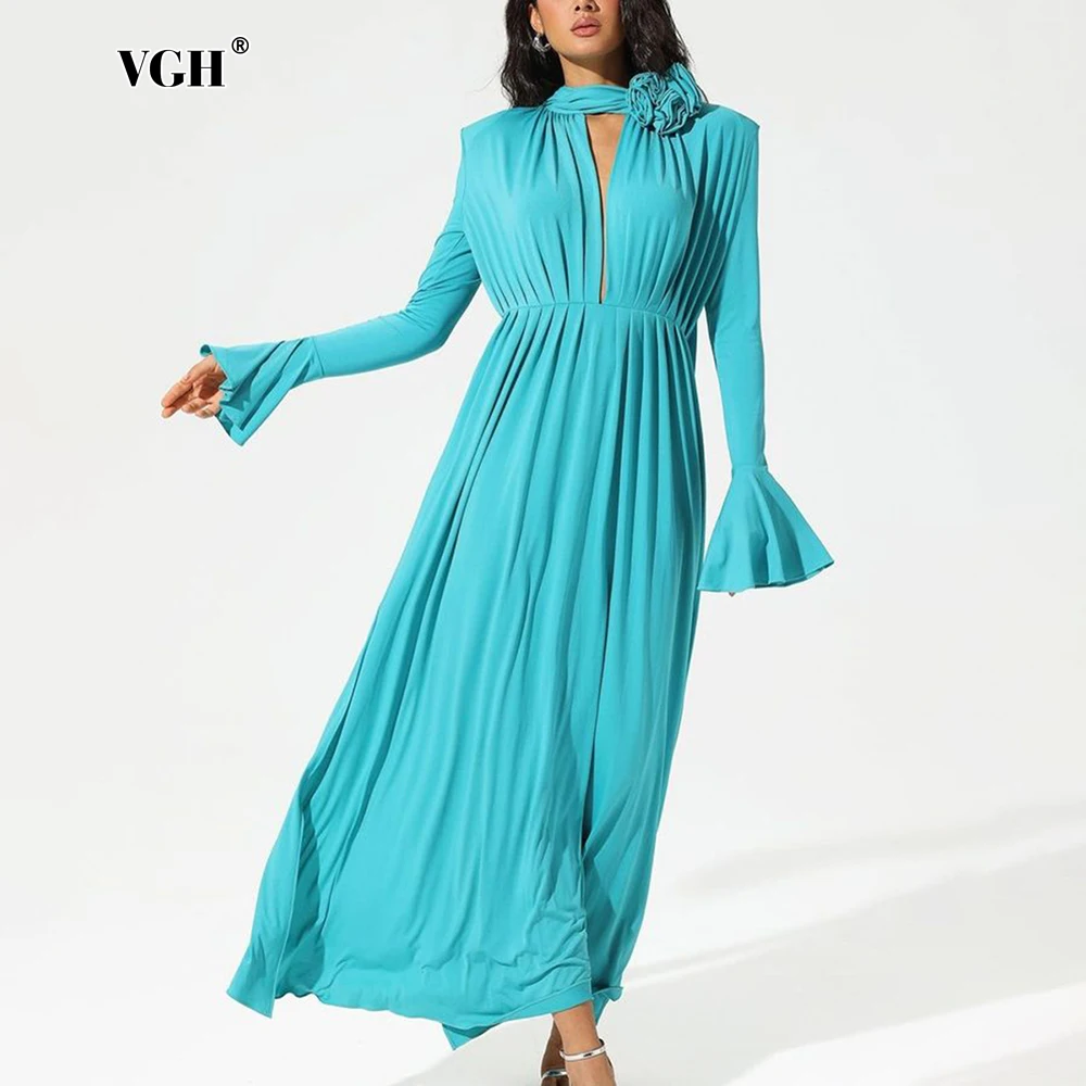 

VGH Solid Spliced Appliques Elegant Dress For Women Turtleneck Flare Sleeve High Waist Temperament Chic Dress Female Fashion New