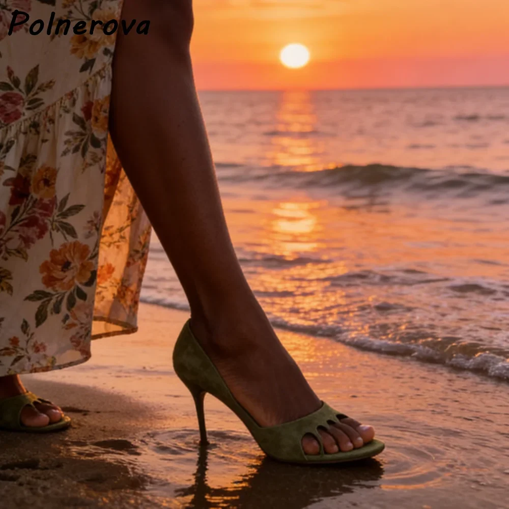 Green Suede Peep Toe Sandals Cutout Detail Slip On Thin Heels Elegant Office Daily Shoes Women Summer Brown Leisure Shoes