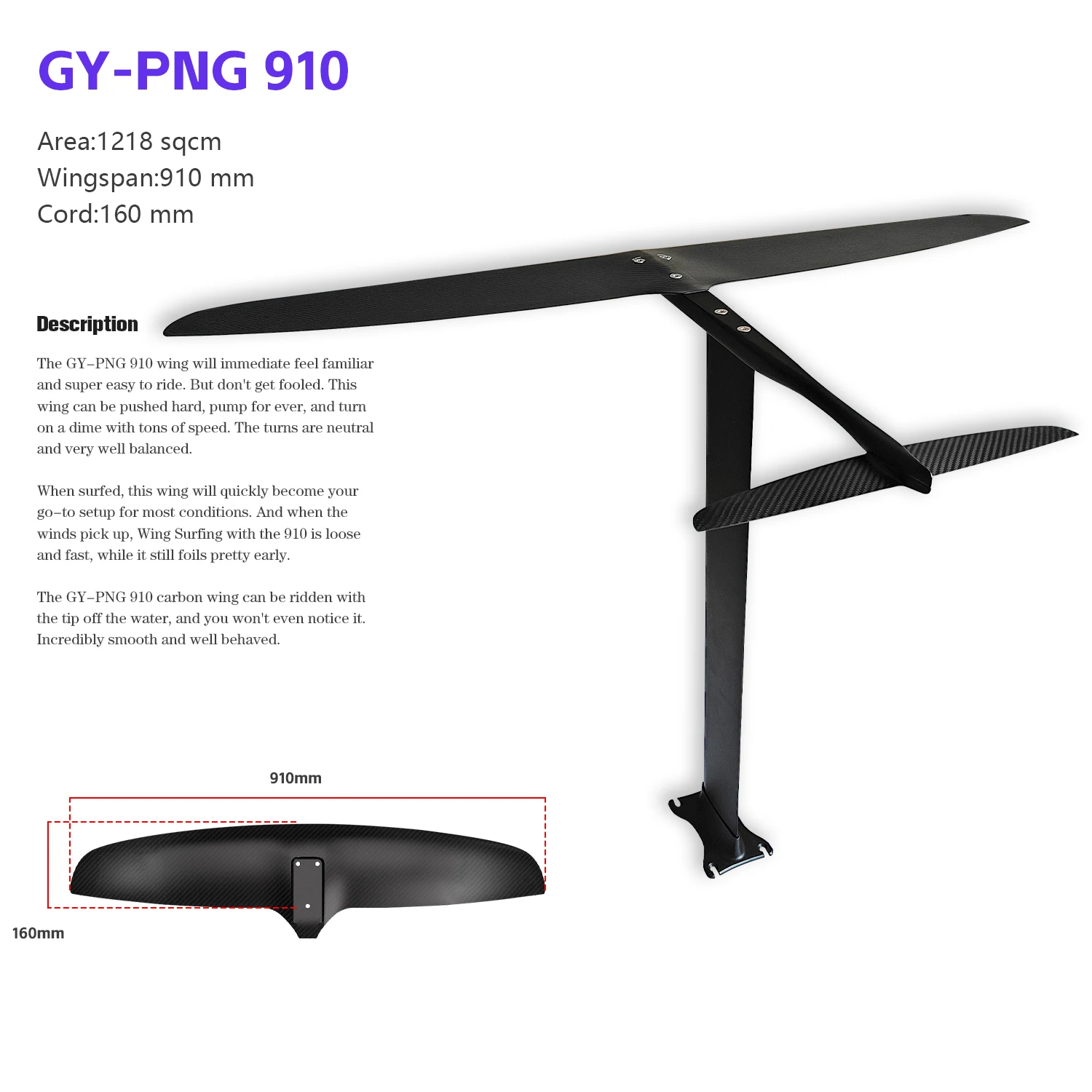 GY-PNG910 Customizable 1218 sqcm Carbon Fiber Front Wing Authentic  Foil Hydrofoil Watersports Surf Factory Accessories