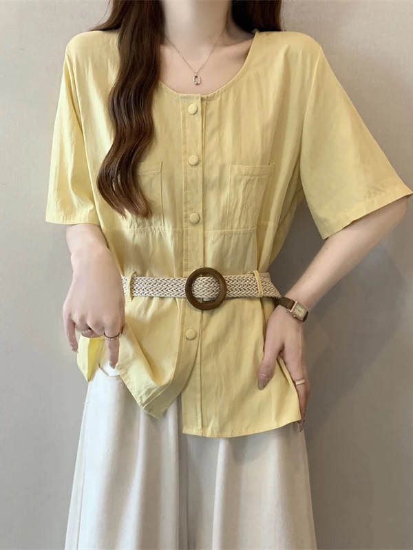 

Yellow Linen Short Sleeve Shirt Women's Loose Fit Waist-Cinching Button-Up Korean Style Commute Fashion Summer New Arrival