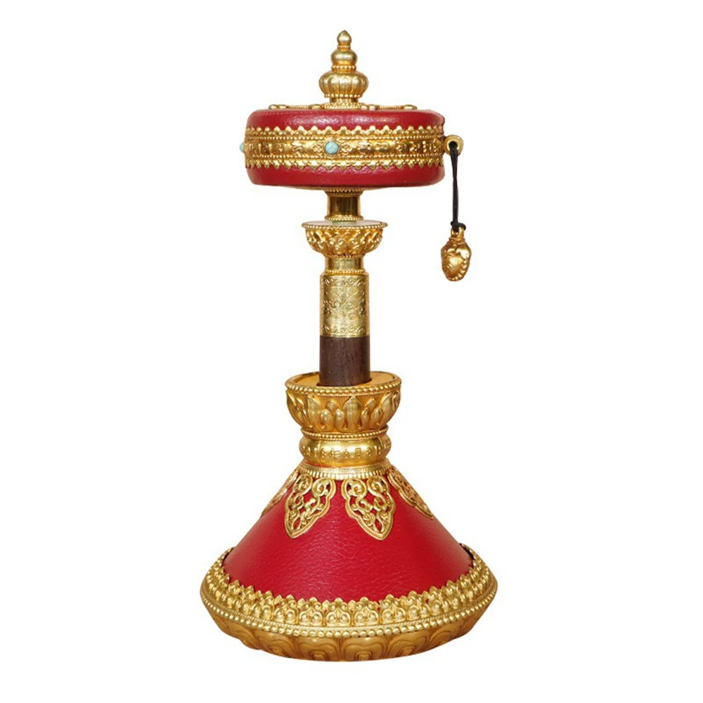 

Red leather hand cranked prayer wheel, Tibetan Tantric scripture wheel copper base, Six-character mantra Buddhist ornaments