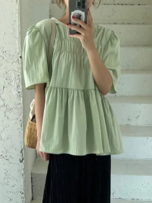 Camisa Feminina Chique de Verão com Manga Bufante, Blusa Solta Estilo Boneca, Top Doce Plissado Estilo Coreano de Manga Longa...