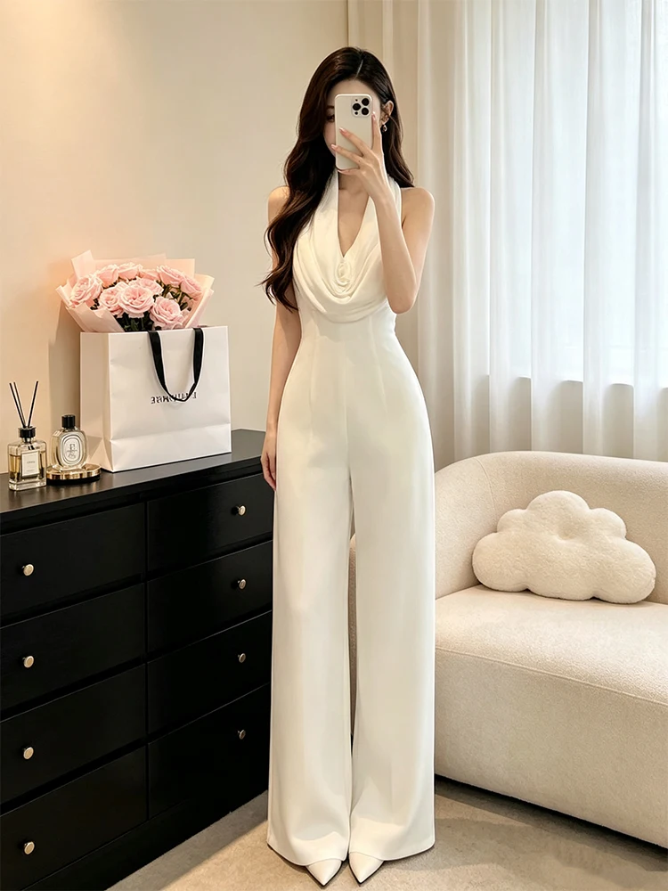 

White Slim Fit Neck Hanging Suit for Women High Waist Wide Leg Pants Commute Style High Quality Elegant Goddess Style