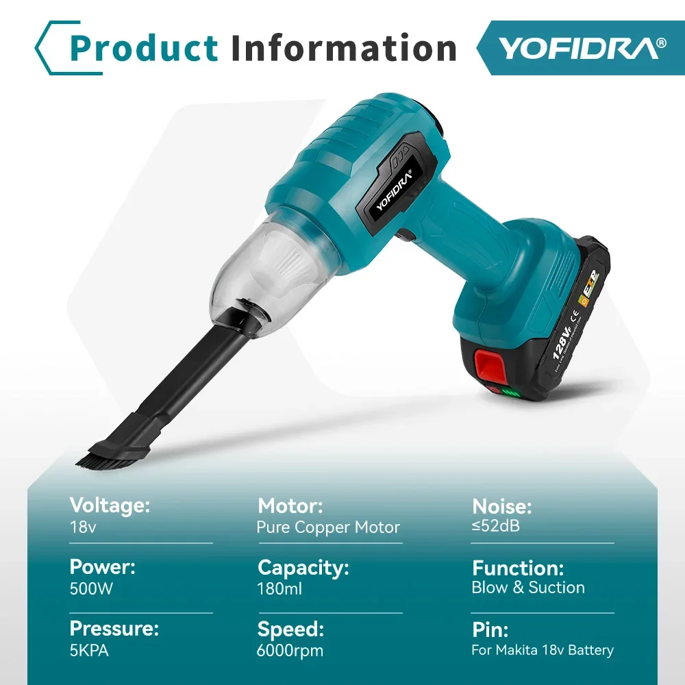 YOFIDRA Centrifugal Blower Suction Wireless Vacuum Cleaner 6000RPM Portable Air Blower Dust Tool for Makita 18V Battery