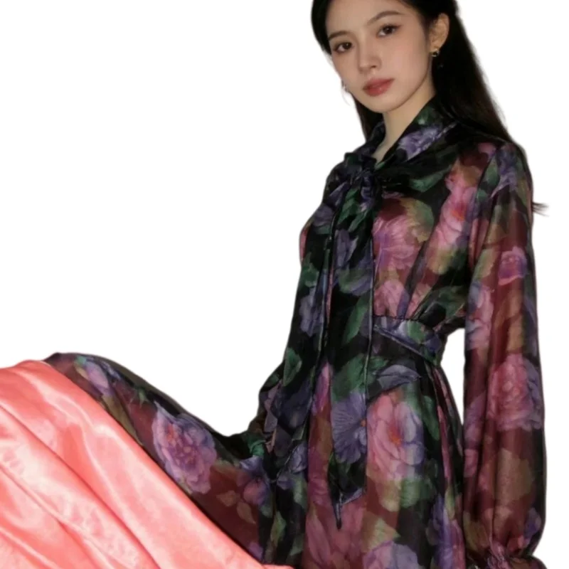 

Winter New Printed Dress Ice Silk Thin Satin Men Women Sleeping Skirts Double layered Double sided Silk Smooth Soft Long Skirts