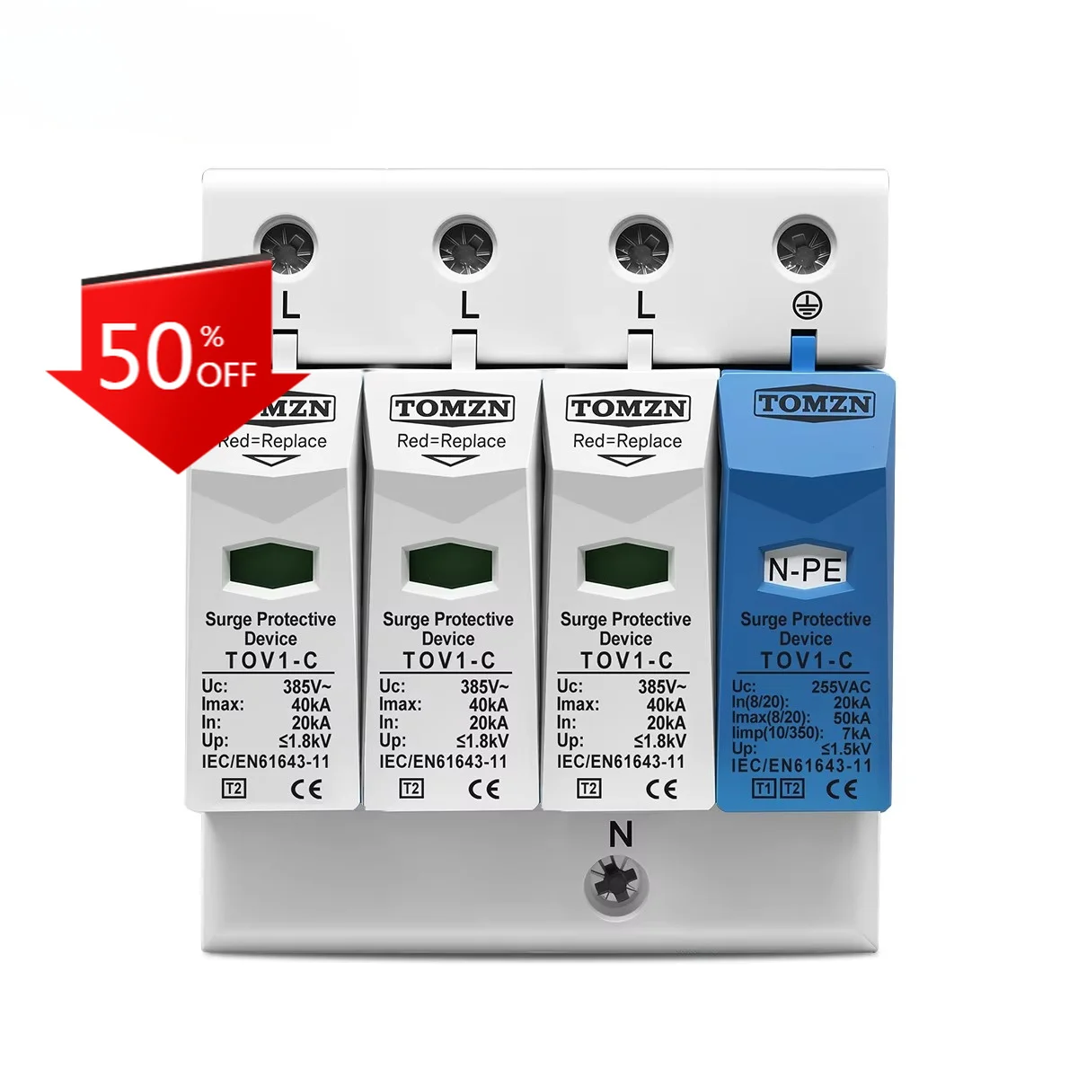 TOMZN 3 Phase AC SPD 3P+NPE T2 Surge Protector 20kA-40kA 275V/385V Low Voltage Arrester Device For TN-S TN-C-S System