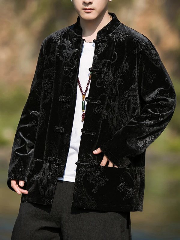 

Мужская куртка Thiened Gold Velvet Jaet, осенне-зимняя мода, традиционный китайский дракон, вышивка, воротник-стойка на пуговицах...
