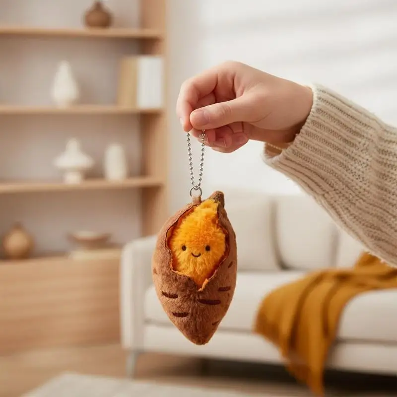 Lifelike Roasted Sweet Potato Plush Keychain Soft Simulated Food Stuffed Pendant for Handbag Kids Birthday Gift