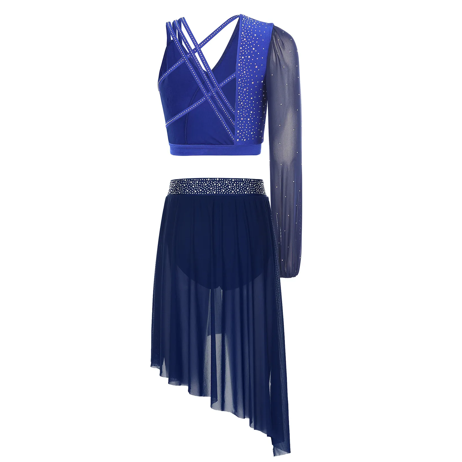 Stralend prestatie-ensemble Tango Jazzdanskostuum Crop Top en rok met bandjes aan de achterkant voor moderne danswedstrijden