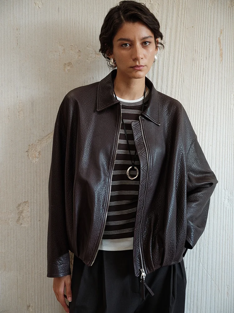 女性のルーズフィットショートジャケットコート秋冬ラムスキンナチュラルテクスチャフォームレザーシープスキン暖かいカジュアルアウターウェア