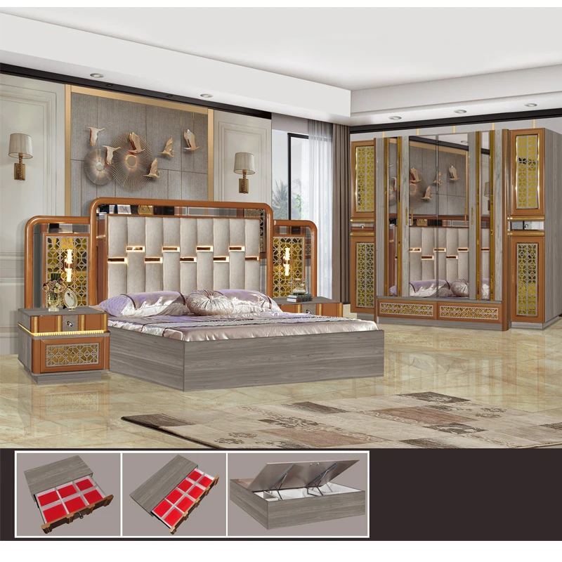 New Design Wooden Main Extra Large Lightweight Luxury Complete Bedroom Furniture Set Comfortable 5 Pieces Customized