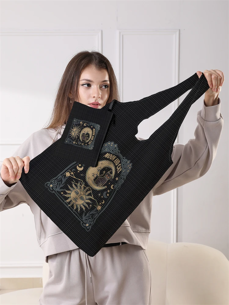 Faltbare Damen-Einkaufstasche mit Mond- und Sonnenmuster, große Einkaufstasche, faltbare Aufbewahrung, wiederverwendbar, leicht zu tragende Handtasche mit Kapazität – Detail 2