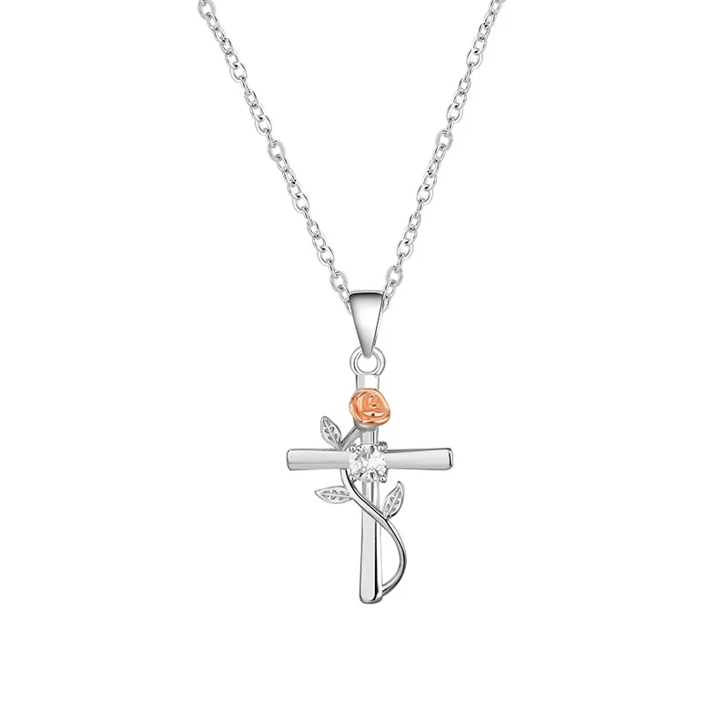 

s925 Pure Silver Rose Cross Necklace | Platinum Plated Solid Pendant, Gift for Girlfriend.