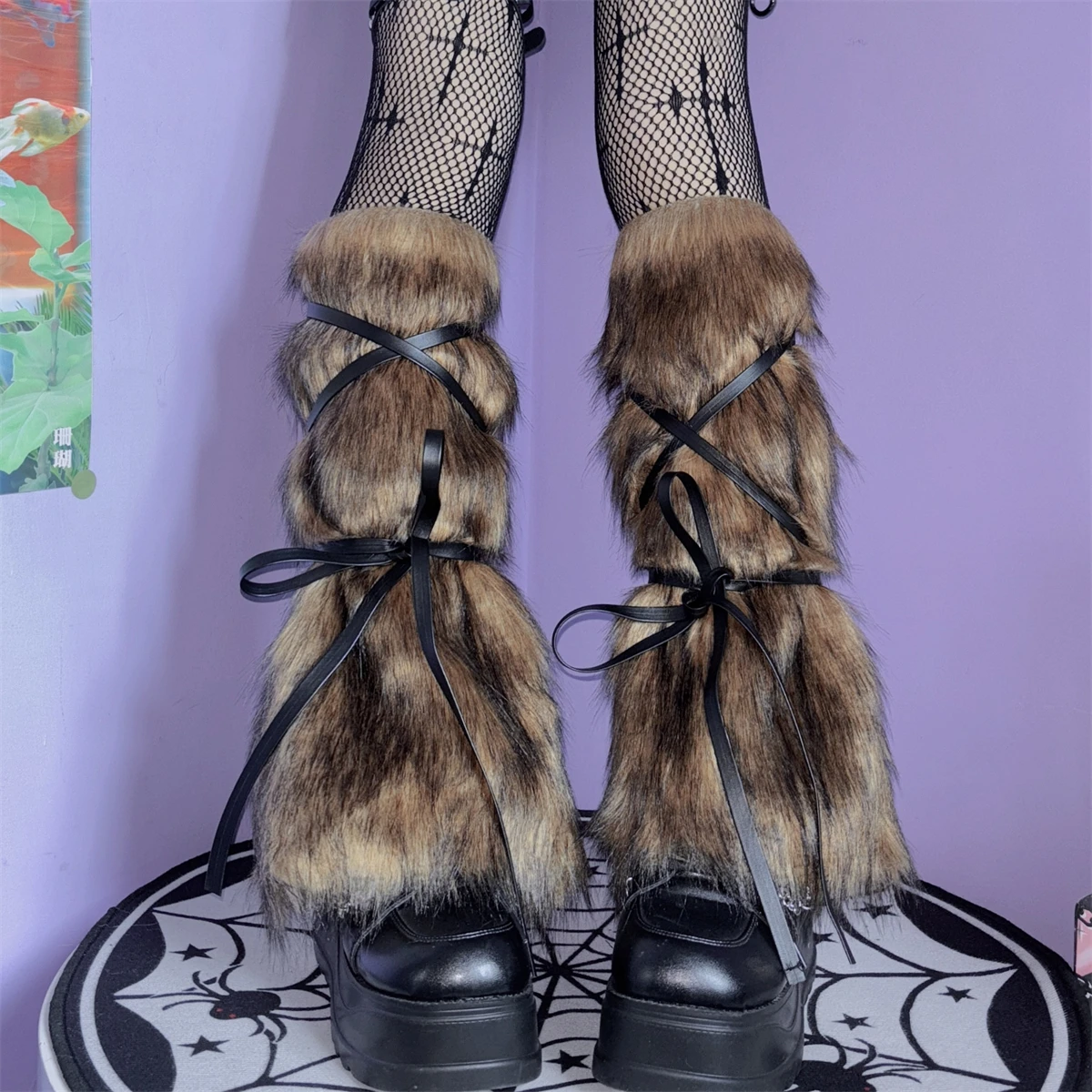 Punk Strappy Faux Fur Leg Warmers Arm Sleeve Set Winter Warm Calf Socks Boots Covers Halloween Stage Performance Costume