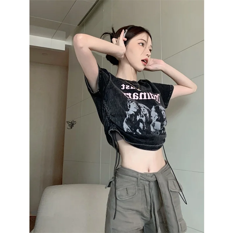 American Retro ort Sve T-irt Donna Estate Nuovo Design Sensuale Ombelico Esposizione ort Sle Top Coreano Sle rotondo...