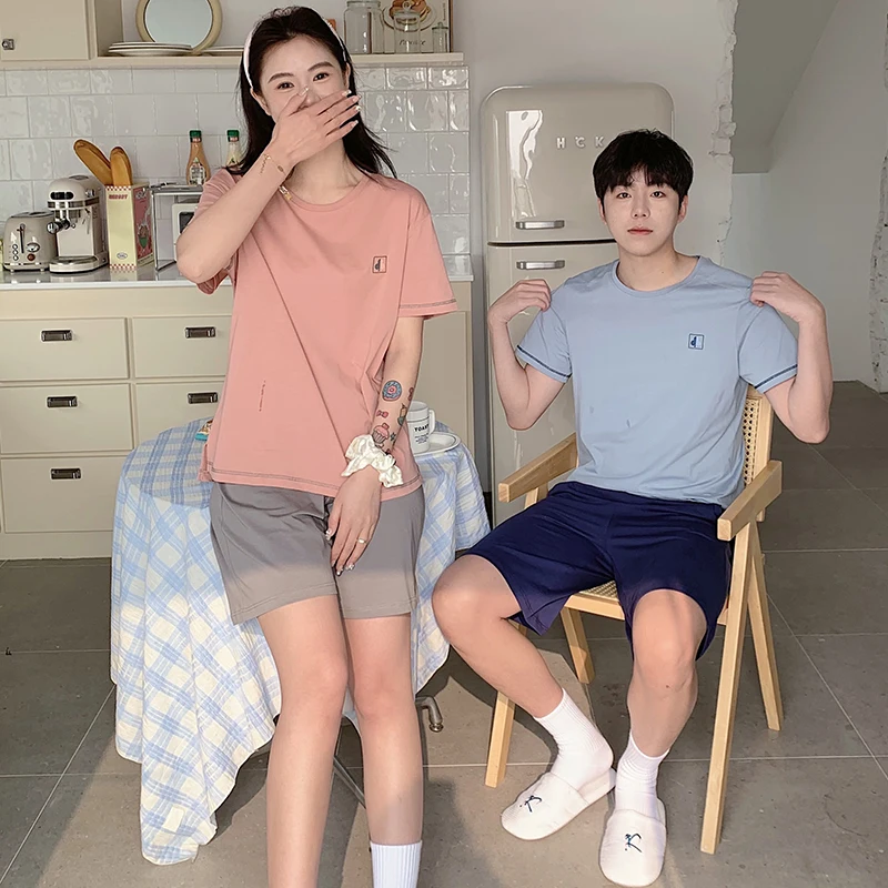 M-3XL L-4XL Couple Set Pure Cotton Pullover Short Sleeve Shorts Men's Blue Women's Pink Summer Casual Men's and Women's Pajamas