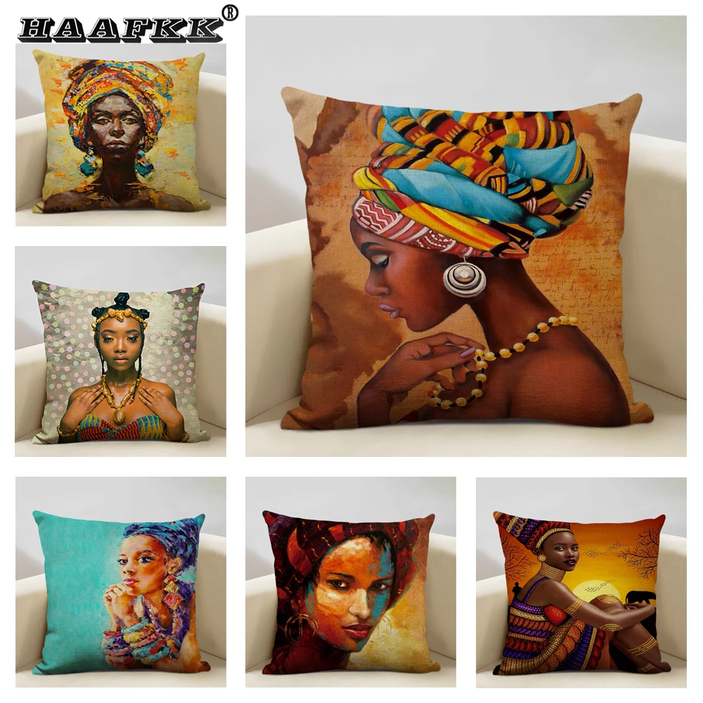 

African Art Oil Painting Cushion Cover Ethnic Women's Living Room Sofa Decorative Pillow Cover 45x45cm Linen Chair Cushion